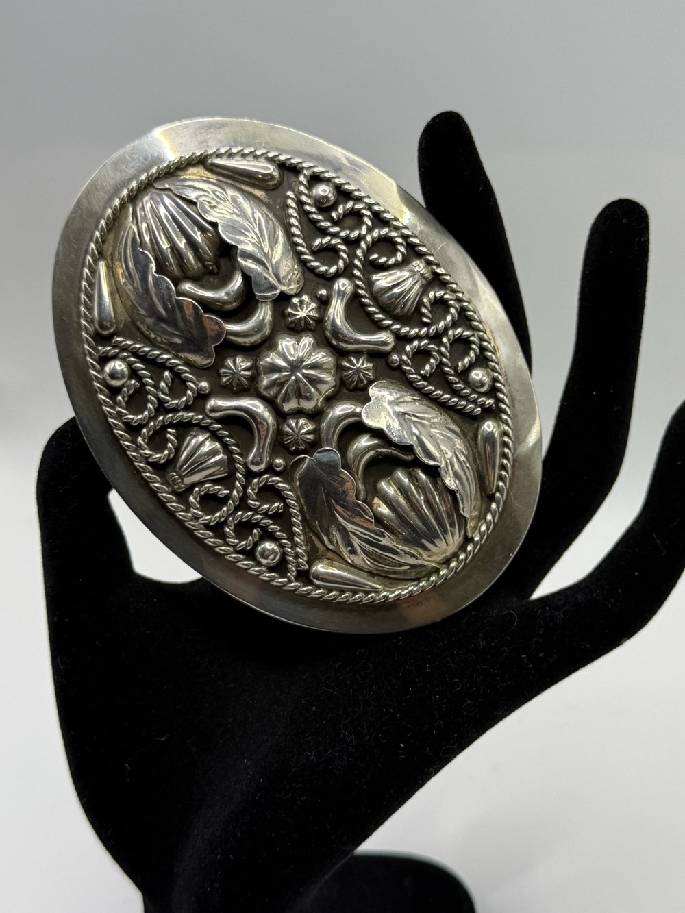 Vintage Sterling Silver Oval Floral Statement Belt Buckle Made in Mexico